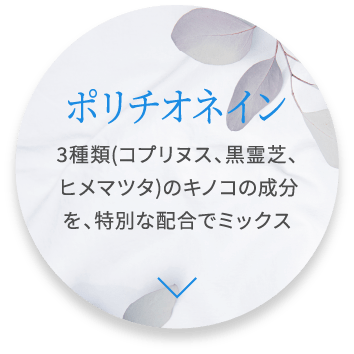 ポリチオネイン 3種類(コプリヌス、黒霊芝、ヒメマツタ)のキノコの成分を、特別な配合でミックス