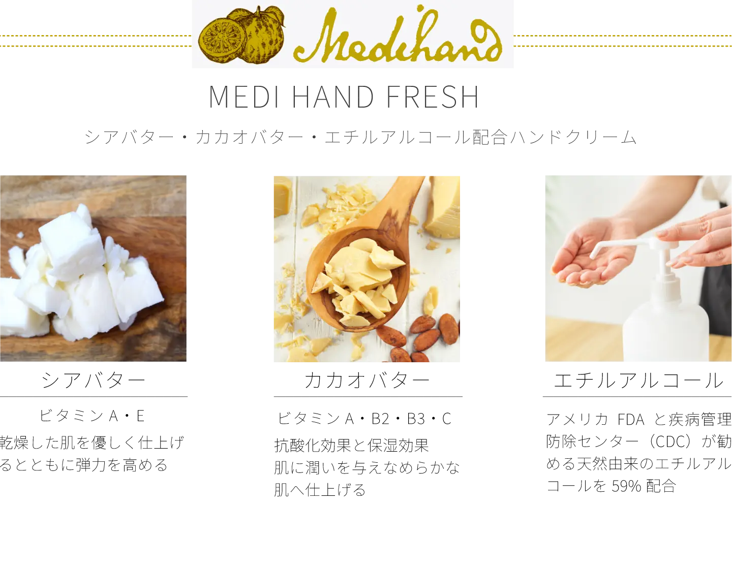 MEDI HAND FRESH／シアバター・カカオバター・エチルアルコール配合ハンドクリーム