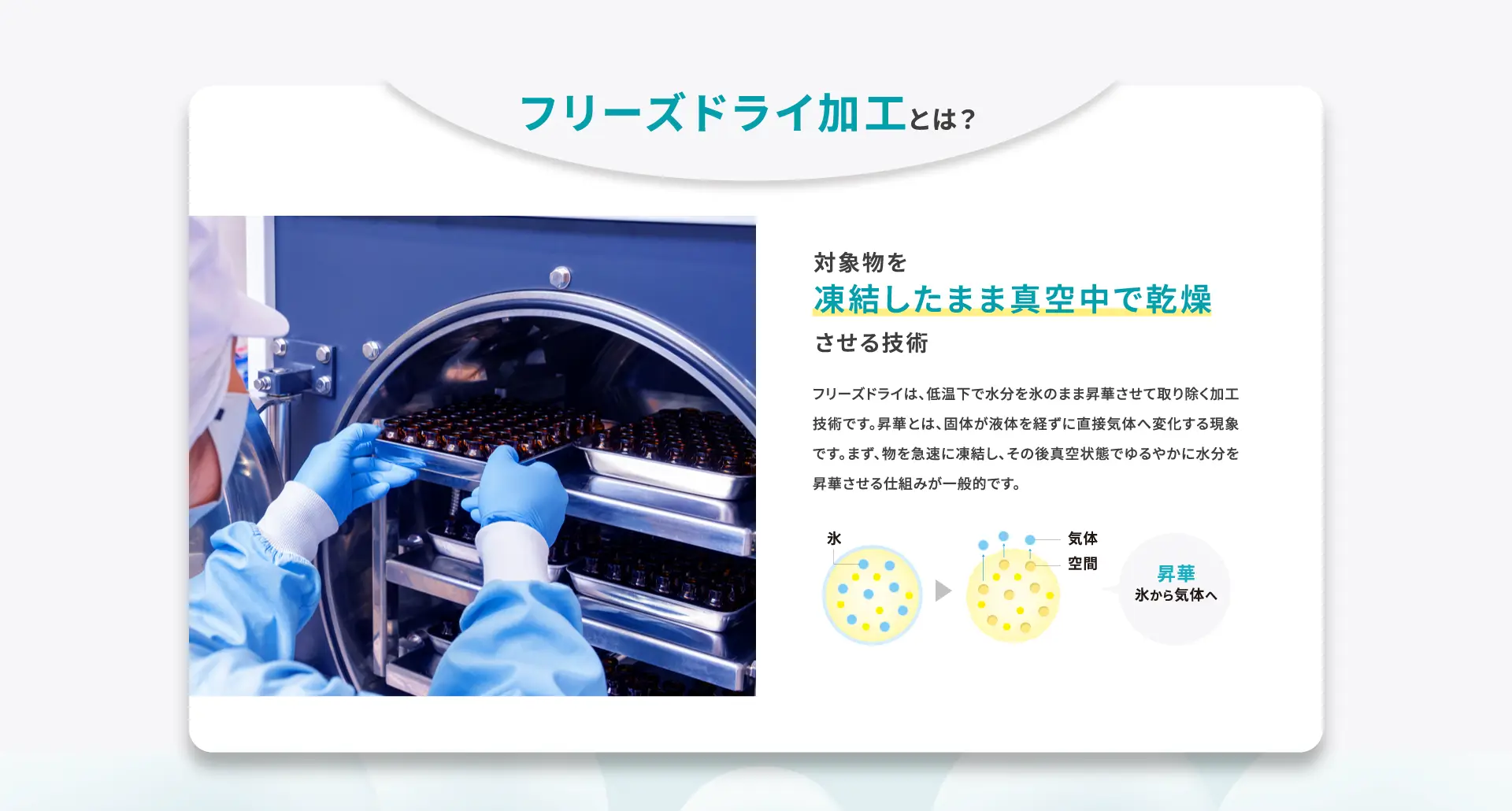 フリーズドライ加工とは？対象物を 凍結したまま真空中で乾燥 させる技術