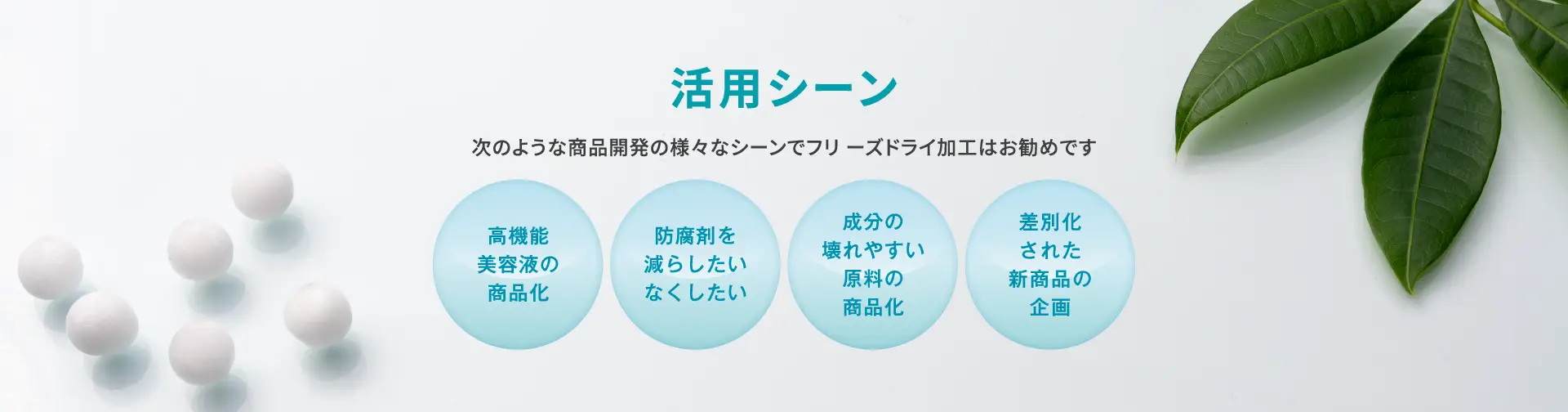 活用シーン／高機能 美容液の 商品化、防腐剤を 減らしたい なくしたい、成分の 壊れやすい 原料の 商品化、差別化 された 新商品の 企画